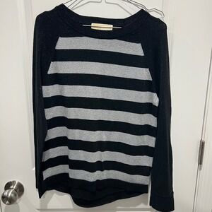 Michael Kors Women Black Silver Metallic Striped Raglan Long Sleeve Sweater M